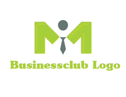person with tie between letter M logo