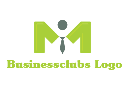 person with tie between letter M logo