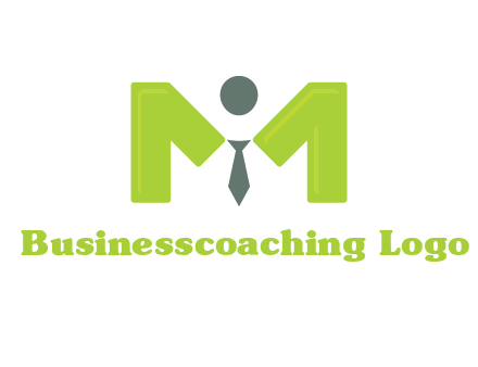 person with tie between letter M logo
