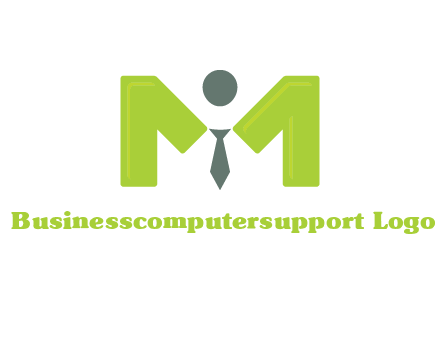 person with tie between letter M logo