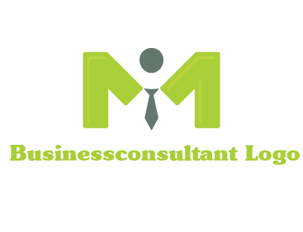 person with tie between letter M logo