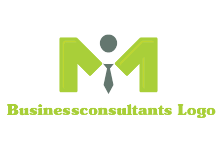 person with tie between letter M logo