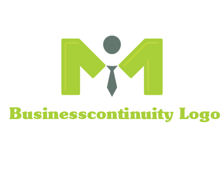 person with tie between letter M logo