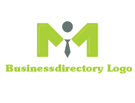 person with tie between letter M logo