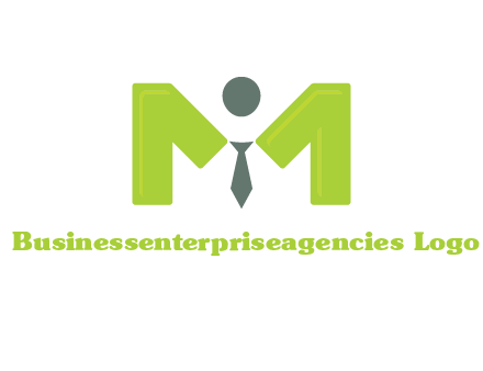 person with tie between letter M logo