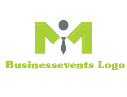 person with tie between letter M logo