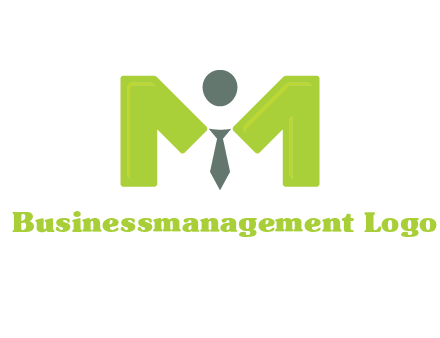 person with tie between letter M logo