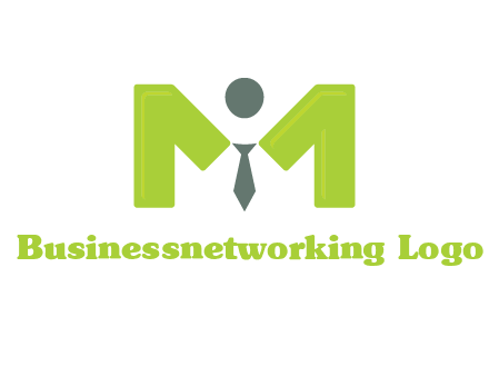 person with tie between letter M logo