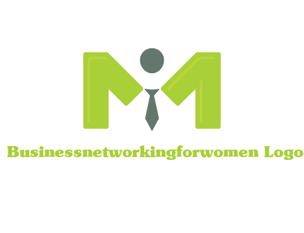 person with tie between letter M logo
