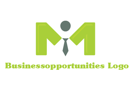 person with tie between letter M logo