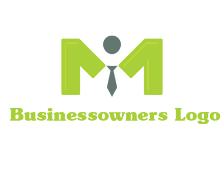person with tie between letter M logo