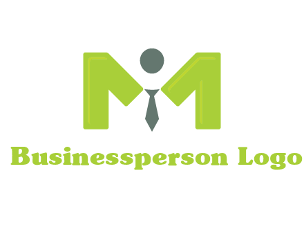 person with tie between letter M logo