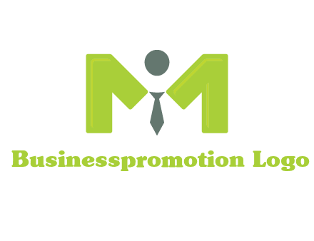 person with tie between letter M logo