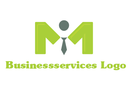 person with tie between letter M logo