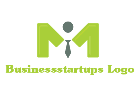 person with tie between letter M logo