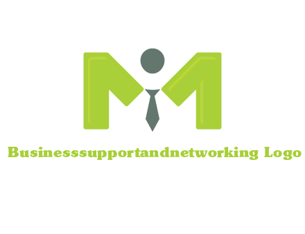 person with tie between letter M logo