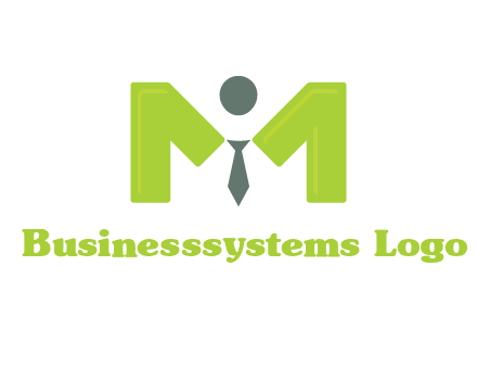 person with tie between letter M logo