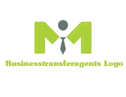 person with tie between letter M logo