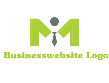person with tie between letter M logo