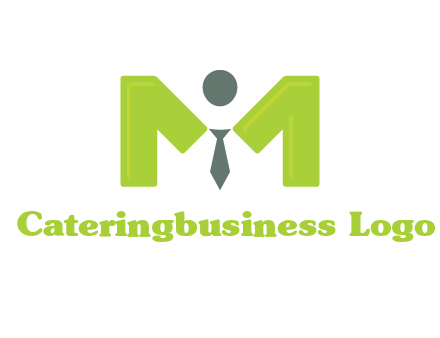 person with tie between letter M logo