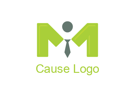 person with tie between letter M logo