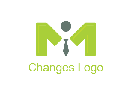 person with tie between letter M logo