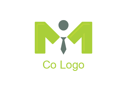 person with tie between letter M logo