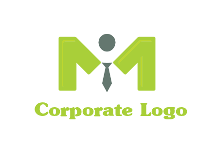 person with tie between letter M logo