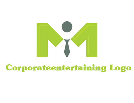 person with tie between letter M logo