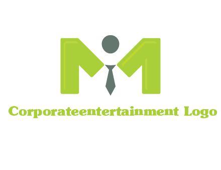 person with tie between letter M logo