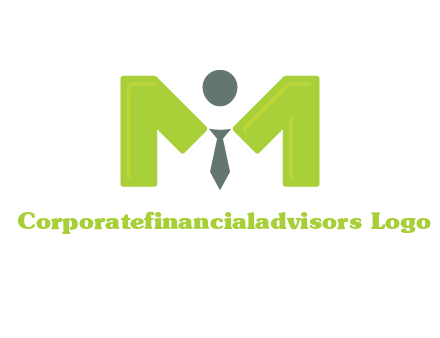 person with tie between letter M logo