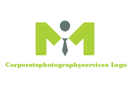 person with tie between letter M logo