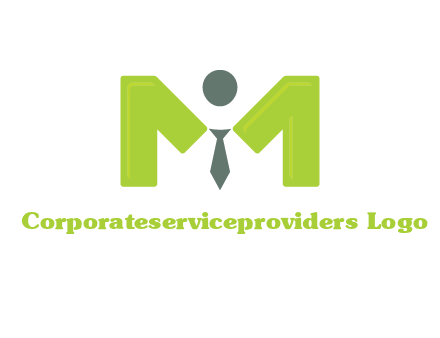 person with tie between letter M logo