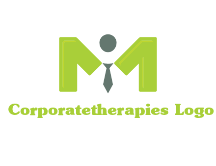 person with tie between letter M logo