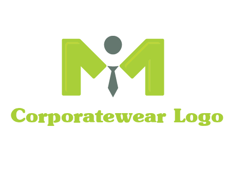person with tie between letter M logo