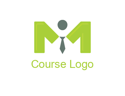 person with tie between letter M logo