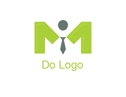 person with tie between letter M logo
