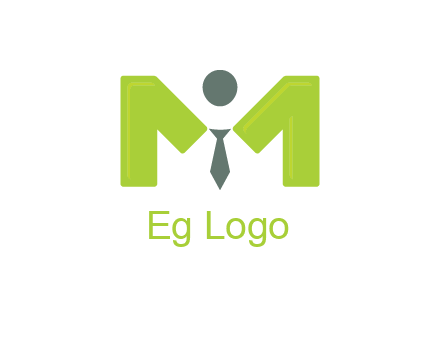 person with tie between letter M logo