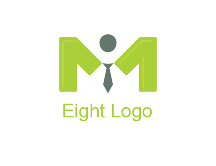 person with tie between letter M logo