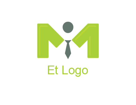 person with tie between letter M logo