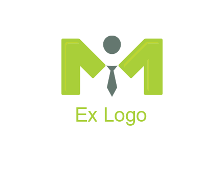 person with tie between letter M logo
