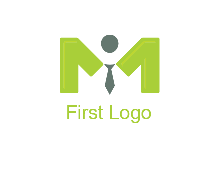 person with tie between letter M logo