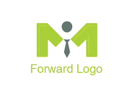 person with tie between letter M logo