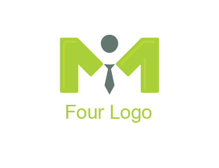 person with tie between letter M logo