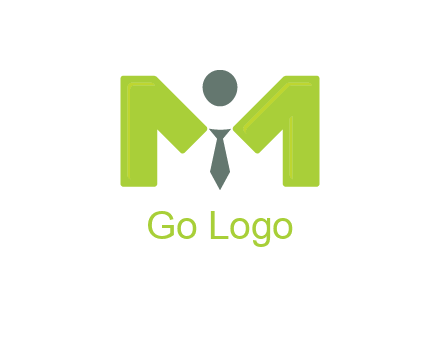 person with tie between letter M logo