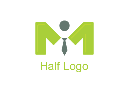person with tie between letter M logo
