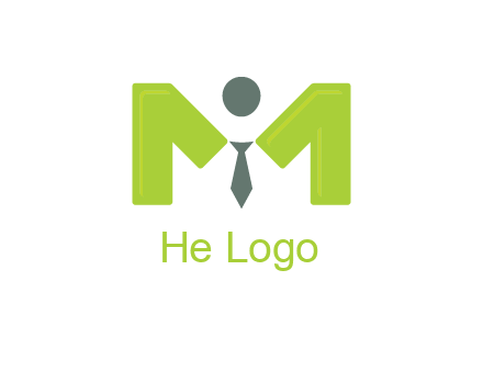 person with tie between letter M logo