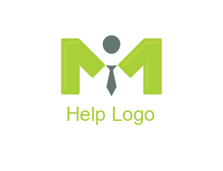 person with tie between letter M logo