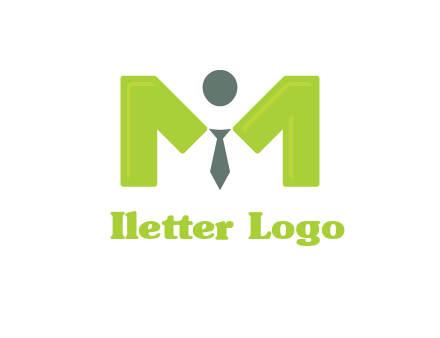 person with tie between letter M logo