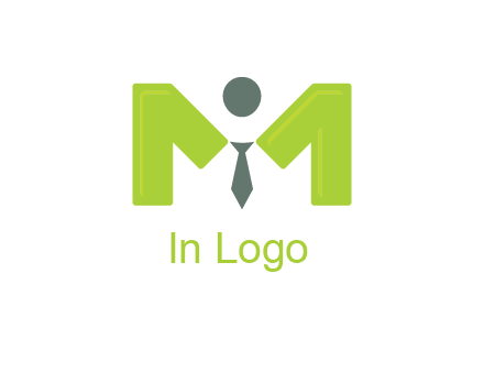 person with tie between letter M logo